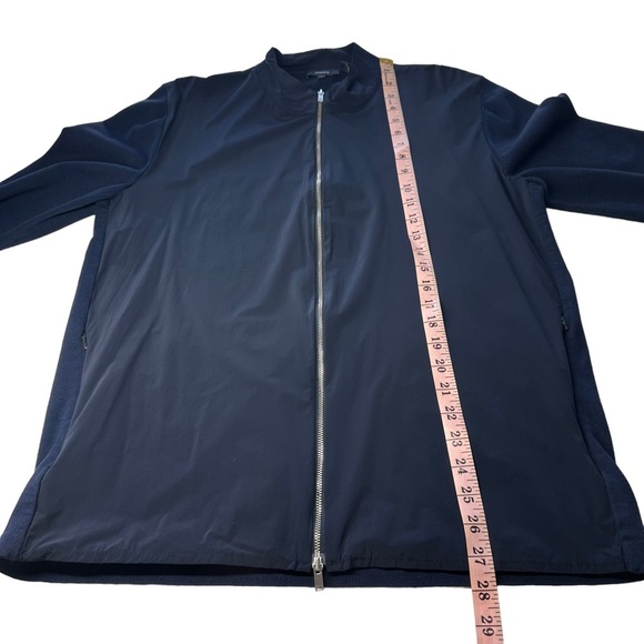 THEORY Men’s Large Bellville Navy Blue Panel Zip Up Jacket Sweater Material - Picture 16 of 16